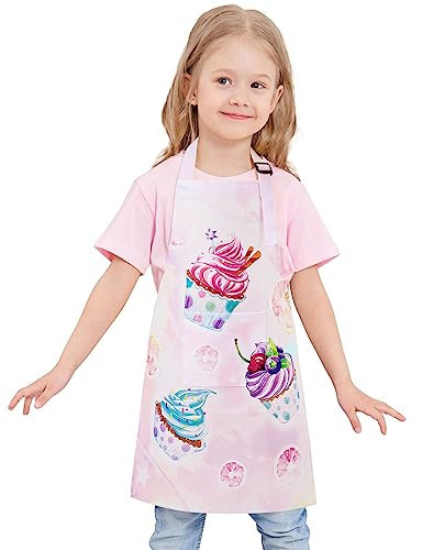 WERNNSAI Kinderschürze - Cupcake Kinder Schürzen Malschürze Kinder Verstellbare Nackenriemen für Mädchen Wasserdicht Kochschürze mit Tasche Kochen Backen Malen Basteln Gartenarbeit (6–10 Jahre, S)