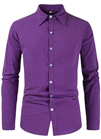 Pohullan Camicie da uomo viola formale cotone lino camicia vintage hawaiana per uomo camicia oversize, Viola, L
