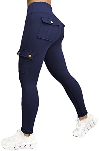 Nuofengkudu Push up Taille Haute Leggings Sport pour Femmes Elastique Opaque Doux Collant Pantalon avec Poche Cargo Fitness Running Jogging Sport Workout Yoga Pants Y-Bleu Foncé 2XL