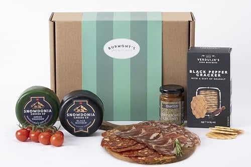 Snowdonia Cheese & Charcuterie Cured Meats Gift Hamper. Contains Black Bomber Cheddar, Green Thunder, Salami, Chorizo, Coppa Ham, Chutney & Wafers for Cheese. Hamper Exclusive to Burmont's