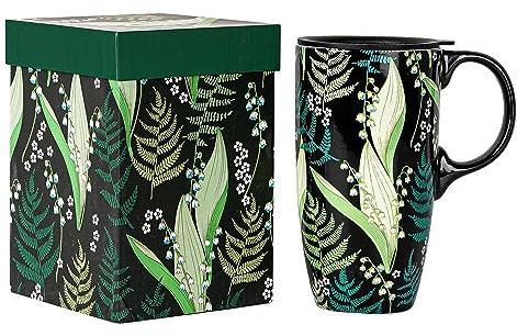 DUSVALLY Coffee Ceramic Mugs Travel Coffee Mug Porcelain Latte Tea Cup with Lid and Gift Box 17oz.Tall Coffee Mug, Green Leaves