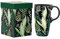 DUSVALLY Tasses à café en céramique de voyage en porcelaine avec couvercle et boîte cadeau 500 ml, grande tasse à café, feuilles vertes