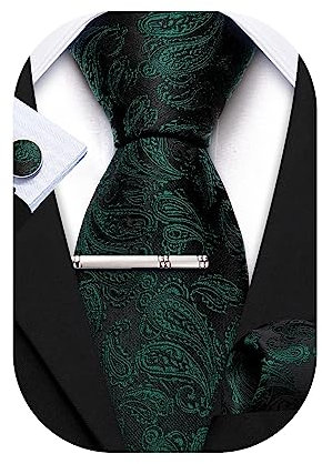 Barry.Wang Corbata de seda para hombre, 7 cm, delgada, color liso, con bolsillo de satén, cuadrada, para fiestas, bodas, aniversarios, caja de regalo, Verde tirando a negro, Taille unique