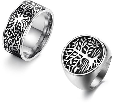 Dochais Anello in Acciaio Inossidabile per Uomo,2 PCS Anello Uomo Argento Anello Albero della Vita,Anello Chevalier Uomo Taglie dalla 20 alla 30