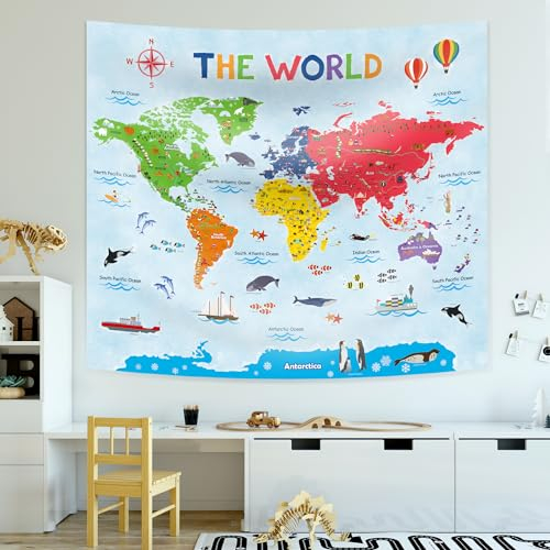 DECOWALL TP-009 Wandteppich mit Weltkarte Wandteppich für Kinder Wandbehang für Schlafzimmer Wohnzimmer Kunst Heimdekoration Polyester 150 x 130 cm (60 x 50 Zoll)