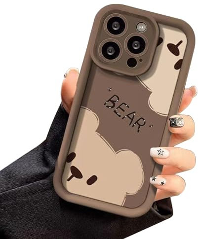 Jusy Kompatibel mit iPhone 15 Pro Max, süßes Bärenmuster, weiche Gel-Gummi-TPU-Hülle, vollständiger Kameraschutz und Kantenlippen stärken, stoßfeste Abdeckung für Damen und Herren, Braun