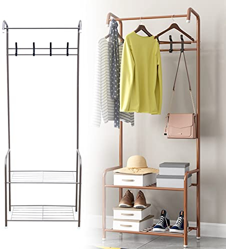 hinnhonay Garderobe, Freistehende Garderobe für das Schlafzimmer, Metallgarderobe mit Haken für Mäntel, Schuhregale, Taschen und Hüte