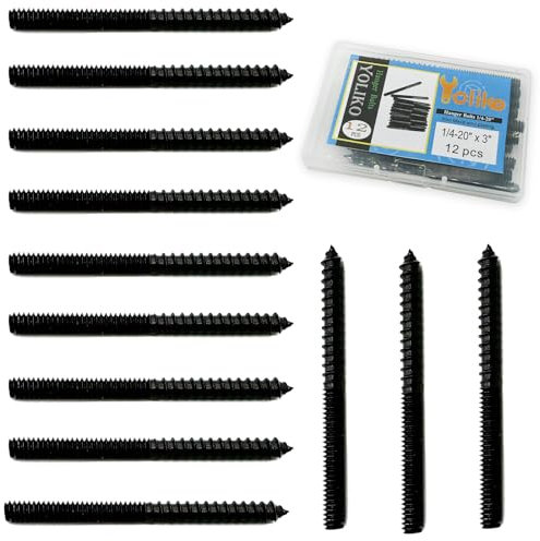 Yoliko Paquete de 12 pernos de suspensión negros de 1/4-20 x 3 pulgadas, pernos de doble cabeza de 1/4-20 pulgadas, tornillo de clavija de madera autorroscante para tornillos de muebles, pernos