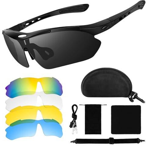 Homgaty Schutzbrille mit 5 Austauschbaren Beschlagfrei & Kratzfest Gläsern, Fahrradbrille, Arbeitsschutzbrille für Reiten, Schießen, 400 UV-Schutz, Kratzbeständigen Gläsern
