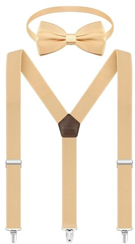 Fevaeno Hosenträger Fliege Set, Breit 2.5cm Y Form mit 3 Starken Clips, Einstellbar und Elastisch Einheitsgröß Hosenträger für Herren und Damen Beige