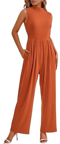 Haibang Jumpsuit Damen Sommer Elegant Ärmellos Overall Lang Mock Neck Romper Lässig Einteiler Festlich Hochzeit Hosenanzug Weites Bein Hose Playsuit mit Taschen