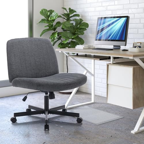 COLAMY Breiter Bürostuhl, Gepolsterter Armloser Schreibtischstuhl Drehbarer Home Office Stuhl 115° Wippfunktion Ergonomischer Computerstuhl für Home Office, Schminken, Gaming (Mit Rollen, Dunkelgrau)
