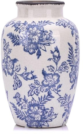 Vase chinoiserie – 27 cm de haut – Vase floral craquelé bleu et blanc vintage – Décoration d'intérieur de campagne – Décoration d'intérieur de ferme, salon, table à manger, cheminée et entrée