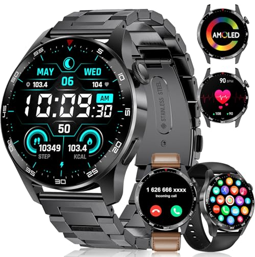 LIGE Smartwatch Herren mit Telefonfunktion,1.43 Zoll AMOLED Voll Touchscreen Armbanduhr Herren mit 120 Sportmodi Aktivitätstracker,Herzfrequenz/SpO2/Schlafmonitor 5ATM Wasserdicht Schwarz 3 Straps
