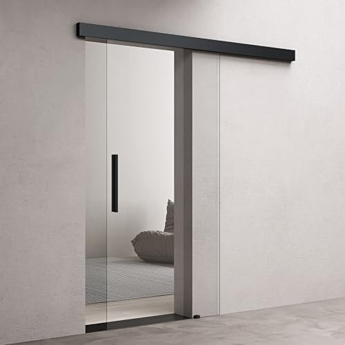 doporro Glasschiebetür Komplettset 77,5 x 205cm | 25mm Wandabstand | Schiebetür mit ESG-Sicherheitsglas | Zimmertür Glas Klarglas und Schwarz Stangengriff | Amalfi-plus 20