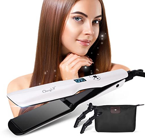 CkeyiN Hair Straightener Wide Plates, 1.8 inch Tourmaline Ceramic Flat Iron, 30s PTC Fast Heating 12-Speed Temperature LED Display Dual Voltage Straightener Iron