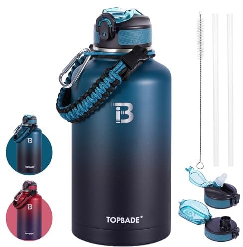 Topbade Bouteille isotherme en acier inoxydable double paroi (froid pendant 48 heures), avec couvercles à paille et bec verseur, poignée en paracorde, anti-fuite et sans BPA, 1,9 l