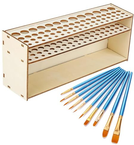 HAPPOW Paint Brush Holder with 10 Paintbrush,Citadel Paint Rack,Wooden 67 Hole Holder,Wall-Mounted Rack for Brushes, Sketch Pens, Colored Pens, Cosmetics,Perfect for Artists and Crafters
