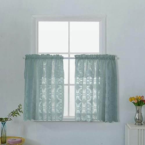 Homxi Vorhänge 2er Pack Kurz,2 x 74W x 90H cm,Gardinenstange für Scheibengardinen Blau Grün Blumen und Blattstickerei Gardinen Vorhänge mit Taschen