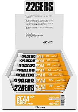 226ERS vegane Gummiriegel, Sports Energy Bar, Mango 42 x 30g | leicht kaubares Gummi, 16g Kohlenhydrate pro Portion, BCAA 8:1:1, TAURIN, Energie in einem Stück, glutenfrei, laktosefrei