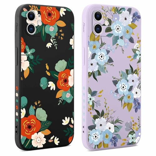 Coalbooliy 2 pezzi Cover per Apple iPhone 11 6,1, Nero Viola Custodia Aesthetic Fiore Motive Donne Design Cellulare Silicone Bumper Fotocamera Protezione Case per Ragazze, 03