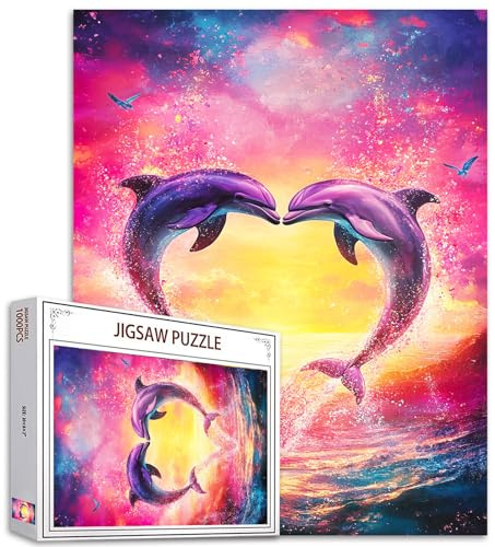 Two Dolphins Heart-Shaped Jigsaw Puzzles for Adults 1000 Pieces,Love Pink Sunset Art Jigsaw Puzzle Colorful DIY Craft Puzzles for Home Decoration Gifts Idea,Perfect for Family Puzzle Game Nights