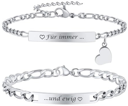 Partnerarmbänder mit Gravur Pärchen Armband - Paar Armbänder Edelstahl Figaro Kette Partnerarmband Verstellbarer Partner Armband Silber Partner Geschenke Weihnachten Geburtstag Jahrestag Valentinstag