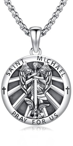 ZIPPICE Saint Michael Halskette 925 Sterling Silber Erzengel Michael Medaille Anhänger Halskette Amulett Schmuck Weihnachtsgeschenke für Damen Herren Unisex, 22 + 2 Edelstahl Kette