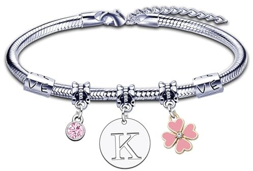 Bracelet pour Femme Fille A B C D E F G H I J K L M N O P Q R S T U V W X Y Z Bracelet Lettre Initiale Pendentif Cadeau pour Amie Fille Sœur Collegue Maman Couple Anniversaire Saint Valentin (1K)