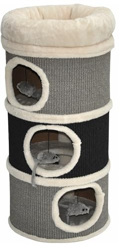 nanook Bella Tonneau à chat en sisal, hauteur 80 cm, diamètre : 35 cm, arbre à chat avec 3 niches, arbre à chat, tour à chat en sisal, meuble pour chat, gris/noir