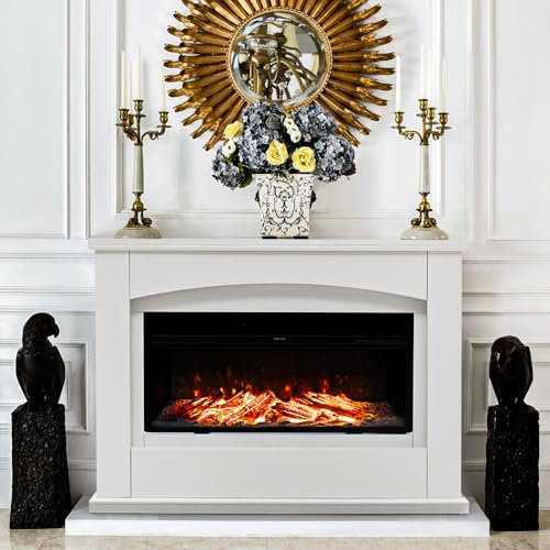 Warmiehomy Electric Fireplace, 34'' Electric Fire and Surround, 48'' Free Standing White Electric Fire Suite with Realistic LED Flame Effect, Remote Control & Overheat Protection