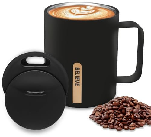 DASIAUTOEM Kaffeebecher 400 ML, Doppelwandige Vakuumisolierte Kaffeebecher, Edelstahl Kaffeetasse Teetasse Thermobecher mit Griff und Schiebedeckel für Büro Travel Camping (Schwarz)