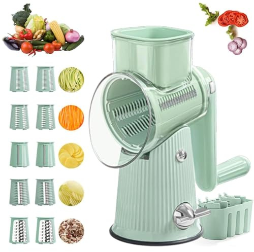 Manual Rotary Cheese Grater with Handle,5 in 1 Food Chopper and Rotary Cheese Grater,Hand Crank Food Chopper,Easy Cleaning, with Blade Storage Box,Manual Food Slicer (Green)