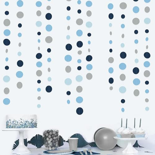 46Ft Dusty Blue Circle Dots Garland Party Decorations Navy Blue Hanging Paper Polka Dots Streamer for Boys Birthday Wedding Baby Shower Engagement Graduation Nautical Theme Party Decor