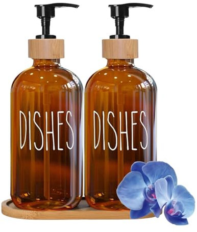 Amber Glass Hand and Dish Soap Dispenser Set Kitchen Soap Dispenser Set with Tray Bamboo Plastic Pump Bottles for Kitchen Sink - Modern Home Decor, Neutral Decor for Gift (Amber, 475ml)
