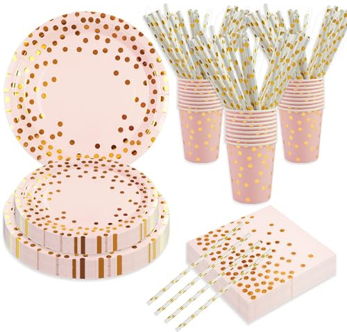 BOKFJBP 80Stück Geburtstag Party Geschirr Set, Roségoldener Punkt Geschirrspüler Geburtstagsfeier Teller Servietten Papierbescharen Stroh für Mädchen Frauen Glückliches Geburtstagsdekor serviert 16