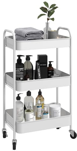 HOMCOM 3-tier Storage Trolley on Wheels, Metal Storage Cart, Rolling Ultility Cart with 3 Mesh Baskets for Living Room, Kitchen, White