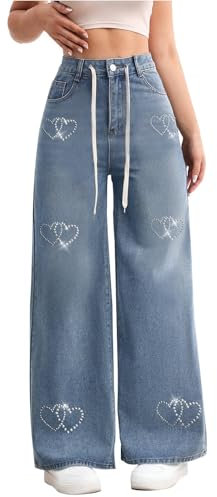 RLEHJN Baggy Jeans Women Blue, Ladies Jeans Hearts Wide Leg Trousers Loose Fit Denim Everyday Palazzo Pants Streetwear High Waisted Button Pants Full Length Bottoms with Pockets XS-XXL