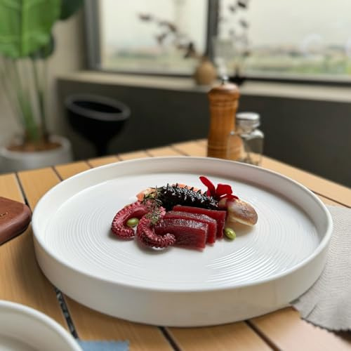DZGUAI Assiettes plates en céramique - Grandes assiettes de service rondes blanches - Assiettes modernes à bord haut pour la cuisine, plats de service en porcelaine pour salade, pizza, steak, buffet