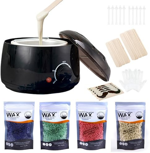 Wax Heater, Female man Hair Removal Device, Waxing Kit, 4 Bags Wax Beads and 20 Applicator Sticks and 10 nasal hair sticks 10pcs Beard protection sticker,Full set Home Use Hot Wax Melt Warmer