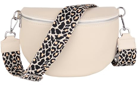 MIRROSI Damen Bauchtasche aus Echtleder, Made in Italy. Als Umhängetasche, Brust- oder Schultertasche tragbar, 26x20x8 cm, Reißverschlussfach hinten. (Beige: Leo)