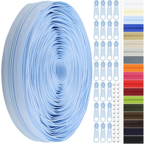 Endlos Reissverschluss mit Zipper, 3mm 11m Nylon Endlosreißverschluss Meterware und 25 Zipper aus Metall für Kleidung Tasche Mäppchen Bettwäsche (Hellblau, #3)