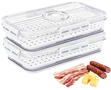 Hynorian Käsedose Kühlschrank 2er Set PET mit Timer und Abtropfeinsatz | Aufschnittbox mit Timer und Abtropfeinsatz für Käse und Wurst; transparente PET Boxen schaffen klare Übersicht im Kühlschrank