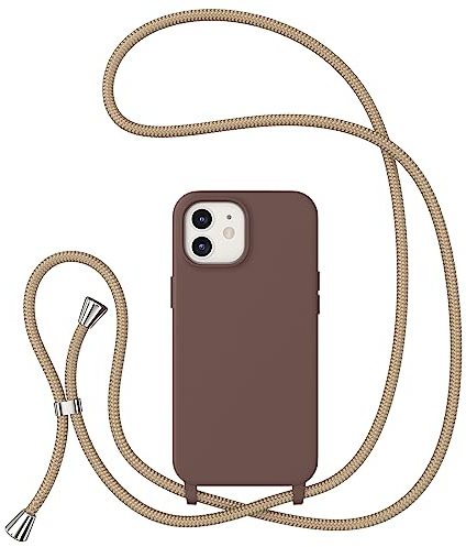 ZTOFERA Crossbody Lanyard Case for iPhone 12/12 Pro (6.1), Liquid Silicone Protective Phone Case with Strap Adjustable Neck Cord Necklace Soft Cover, Brown