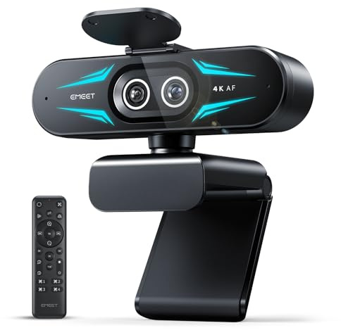 EMEET Webcam 4K con doppia fotocamera, con Obiettivi Grandangolari e Telefoto, Zoom Ibrido fino a 11X e Autofocus PDAF, Telecomando, Illuminazione RGB, 2 Microfoni, Ideale per Live Streaming