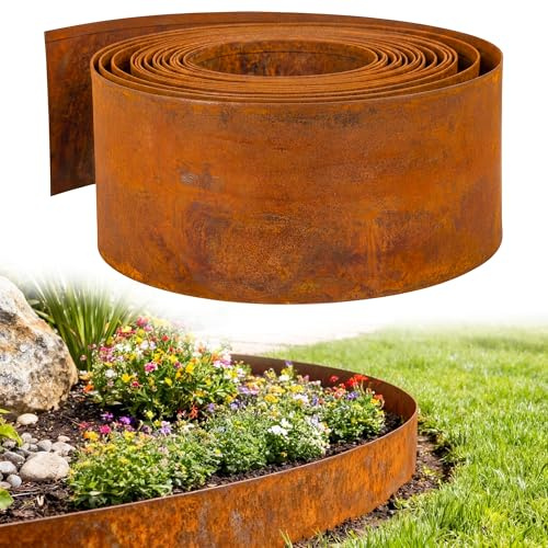 Enhon Rasenkante aus Cortenstahl 10m, 1mm Beeteinfassung Metall 15.5cm Hoch, Beeteinfassung mit Rostoptik, Flexibel und Kürzbar, zur Gartengestaltung, Rasenkanten, Blumenbeete, Kieswege Gartenwege
