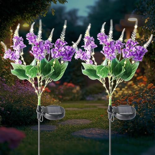 RNPKZ Solar Flower Lights Outdoor Garden, 2 Pack Waterproof Lavender Solar Garden Light, Decorative Flower Solar Lights for Lawn Patio Porch Flowerbed Pathway Decor, Create a Romantic Night (Purple)