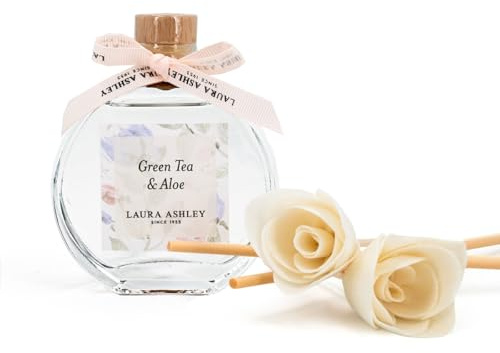 Laura Ashley Floral Reed Diffuser Green Tea & Aloe | Raumduft mit Stäbchen | Dekorativer Glasflakon - 100ml