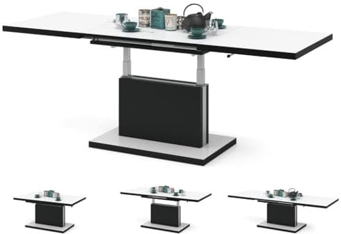 All4All Couchtisch Asti - Kaffeetisch - Wohnzimmertisch – Höhenverstellbar - mit Einlegeplatten - Ausziehbar - Sofatisch - 120x70cm - 05 - Weiß + Schwarz