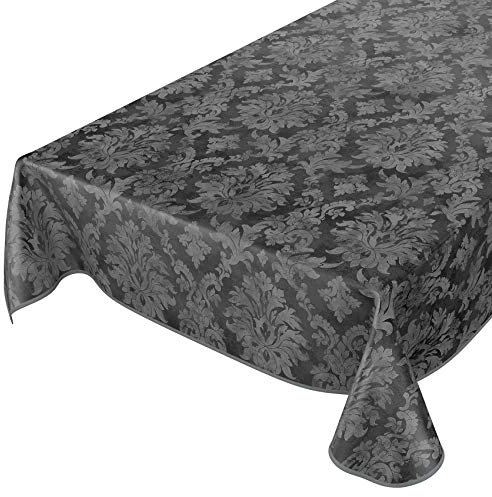 Wachstuchtischdecke abwaschbar Garten Tischdecke Wachstuch Rund Oval Eckig Indoor Outdoor Barock Rankenmuster Dunkelgrau 180x140cm mit Saum - Eingefasst